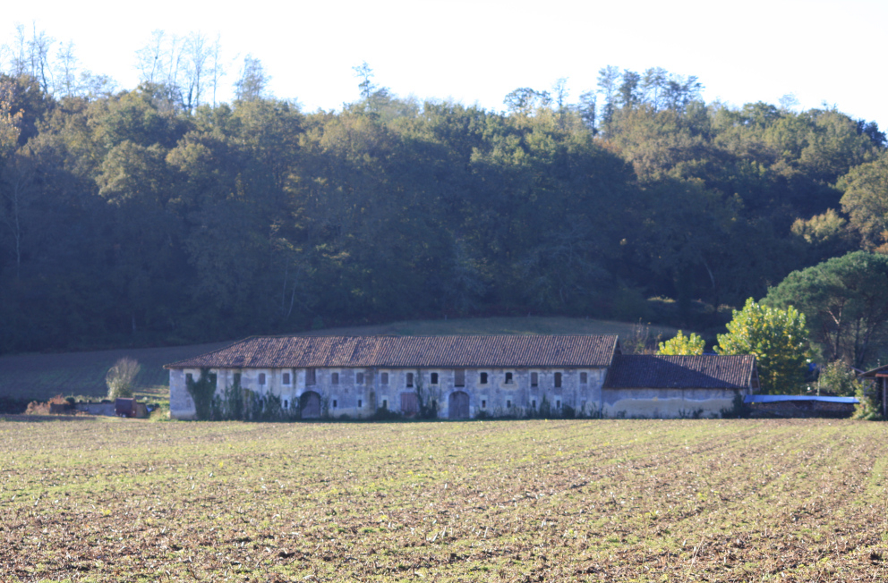Le chais de Larribère de Laurède. Bâtiment longiligne percé de nombreuses fenêtres.